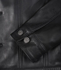 Men's Black Leather Trucker Jacket Designed with Four Functional Pockets