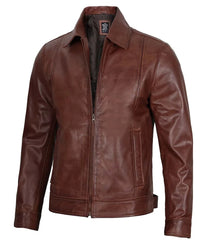 Men's Tall Brown Leather Jacket - Harrington Style