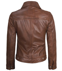 Women's Cognac Leather Harrington Jacket with a Shirt-Style Collar