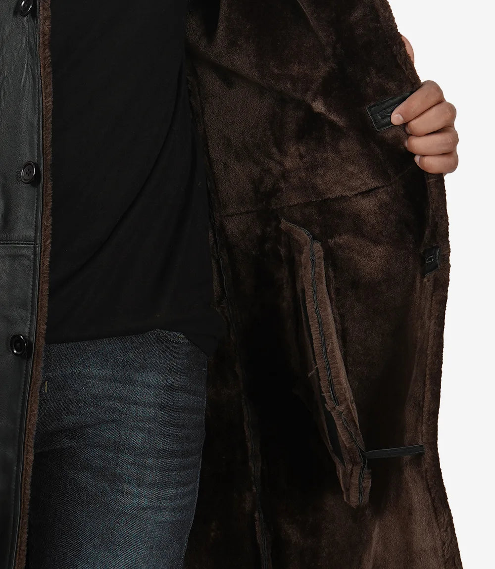 Mens Black Leather 3/4 Length Shearling Coat for Winter Essential