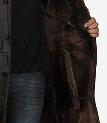 Mens Black Leather 3/4 Length Shearling Coat for Winter Essential