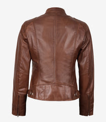 Women's Cognac Waxed Real Leather Jacket in Biker Style