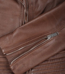 Women's Cognac Leather Jacket with Asymmetrical Biker Style