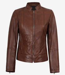 Women's Cognac Leather Jacket in Classic Biker Style