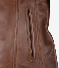 Women's Cognac Real Leather Blazer with Two Buttons and Notch Lapel