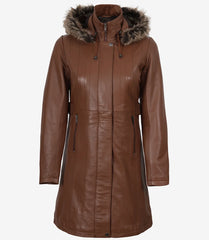 Women's Brown Real Leather Coat with Fur-Trimmed Detachable Hood