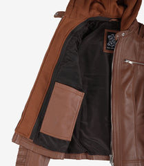 Helen Women's Cognac Leather Jacket with Detachable Hood