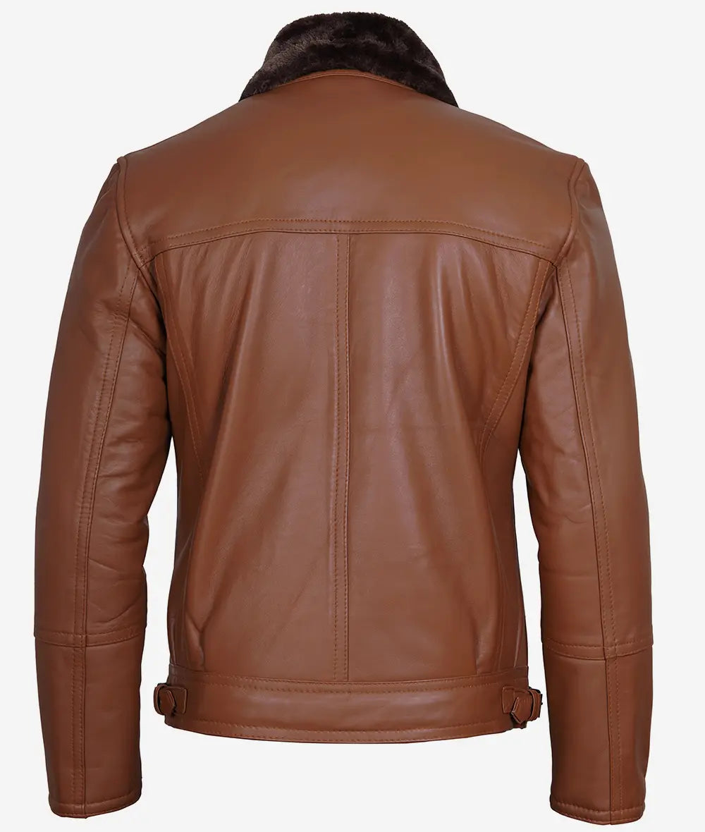 Men's Asymmetrical Cognac Leather Biker Jacket – Faux Shearling Lined
