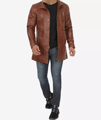 Men's Tall Cognac Waxed Premium Leather Car Coat