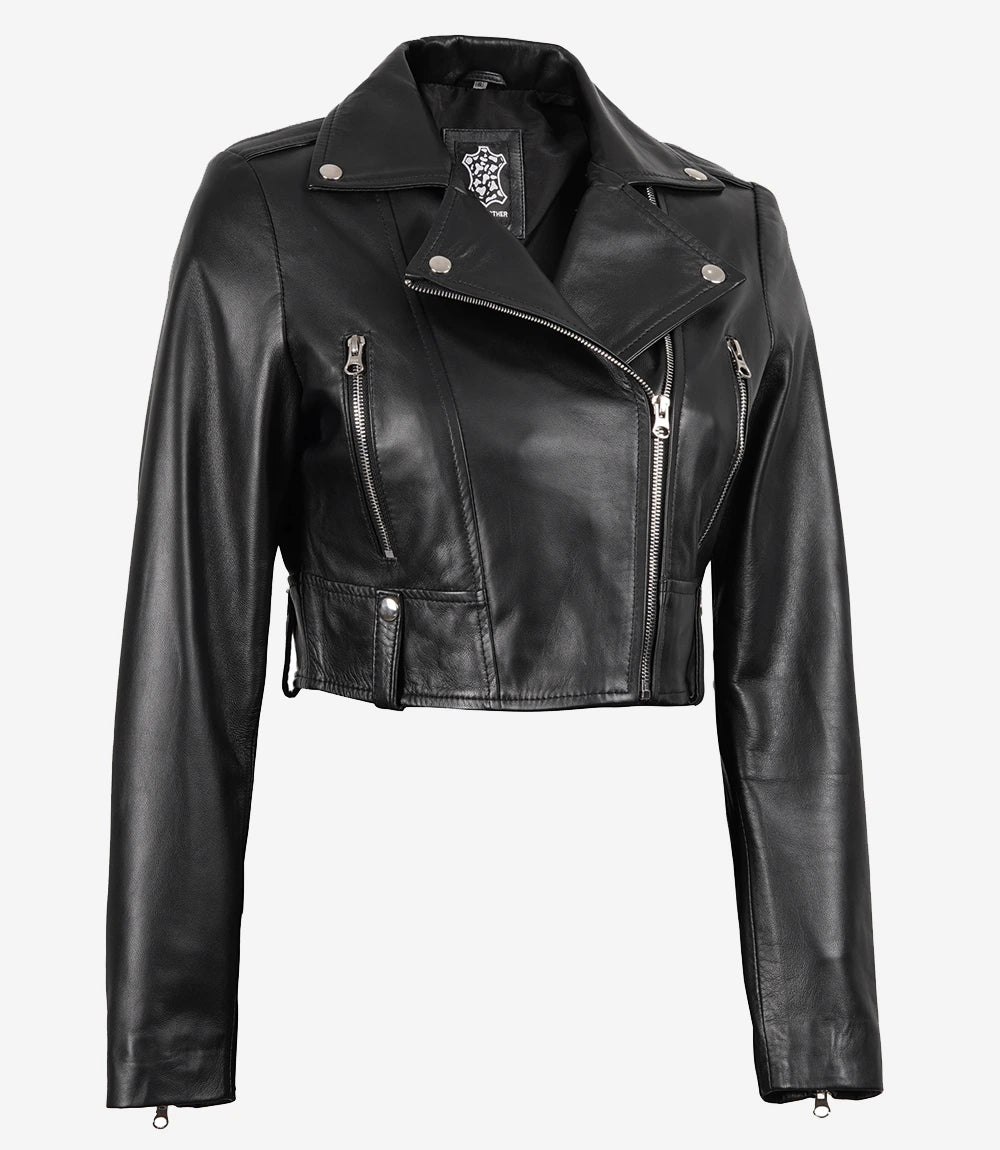 Black Ember Womens Cropped Moto-Style Leather Jacket