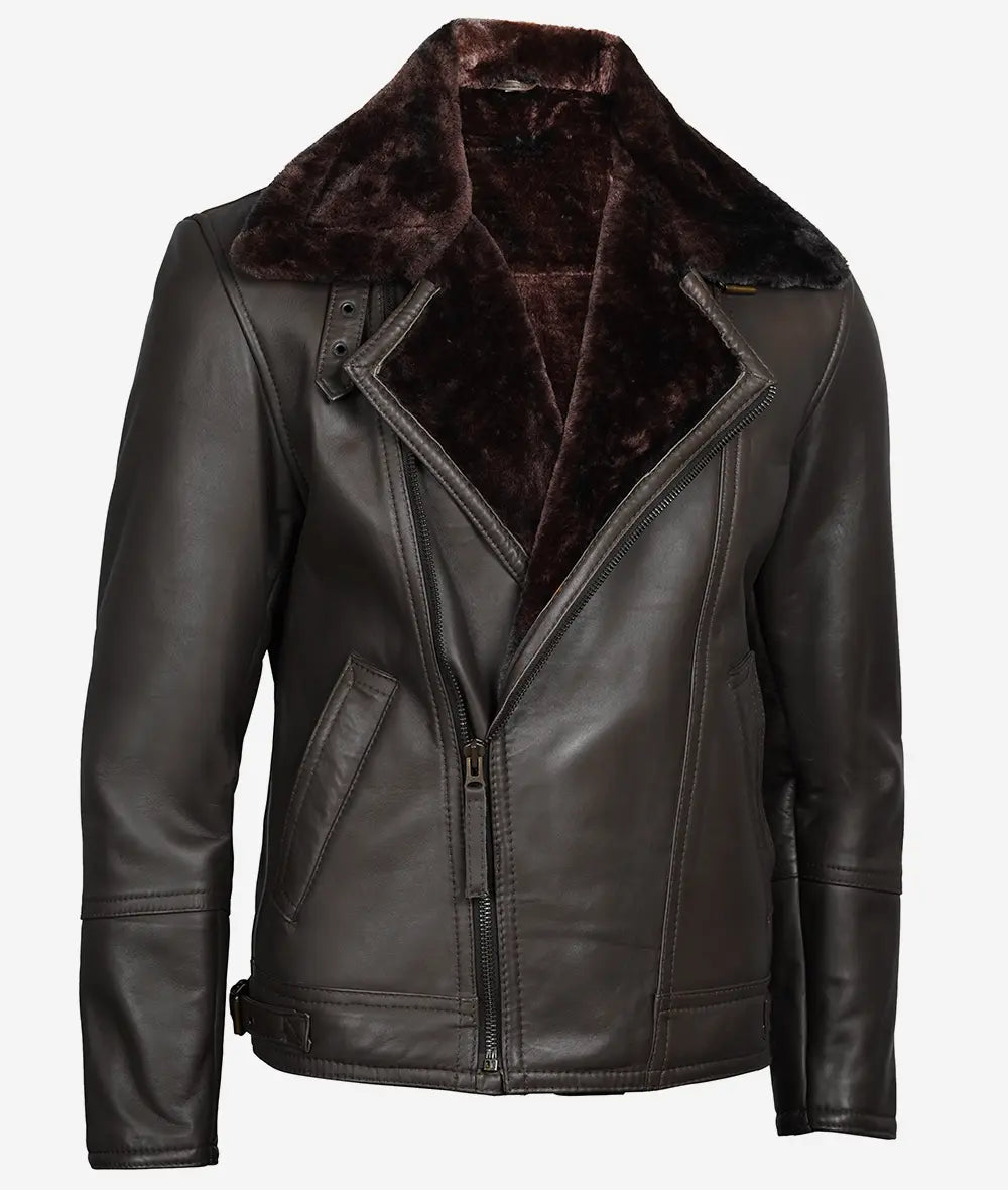 Men's Dark Brown Asymmetrical Moto Jacket – Shearling Lined