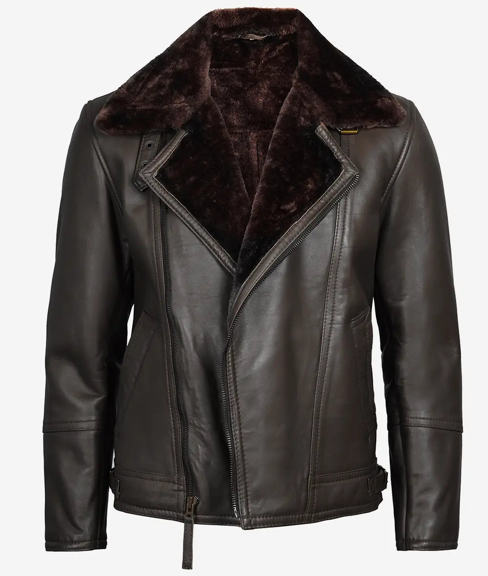 Men's Dark Brown Asymmetrical Moto Jacket – Shearling Lined