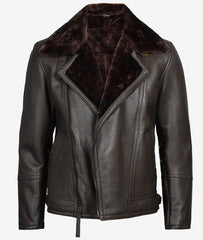 Men's Dark Brown Asymmetrical Moto Jacket – Shearling Lined