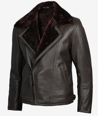 Men's Dark Brown Asymmetrical Moto Jacket – Shearling Lined