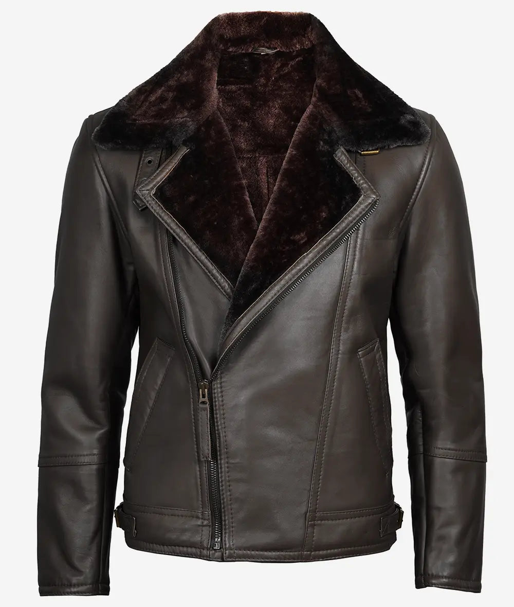 Men's Dark Brown Asymmetrical Moto Jacket – Shearling Lined