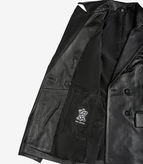 Women's Double-Breasted Black Leather Coat with Notch Lapel Collar