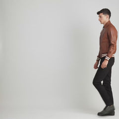 Walton Leather Varsity Jacket In Brown