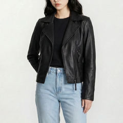 Ramsey Women's Black Leather Biker Jacket with Asymmetrical Closure