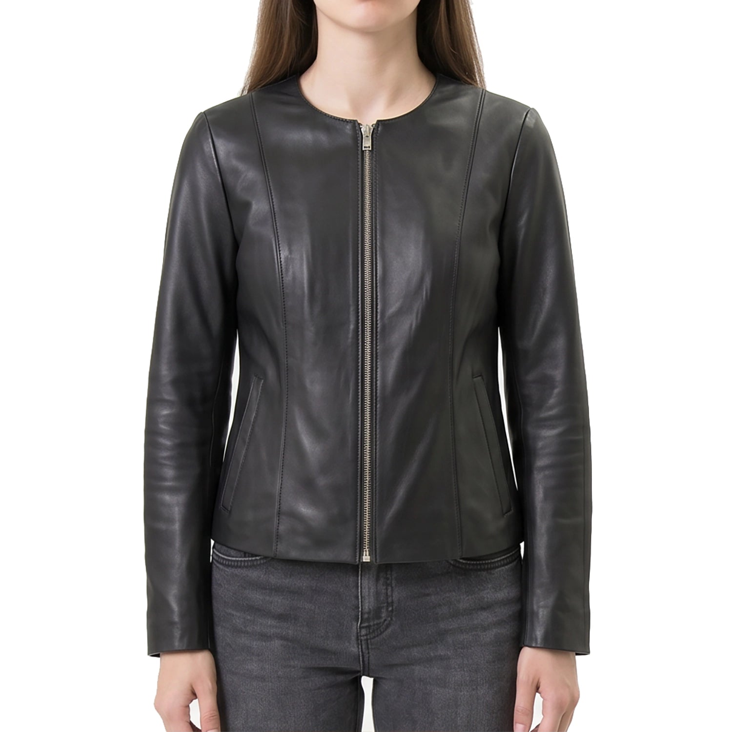 Women's Black Collarless Leather Jacket