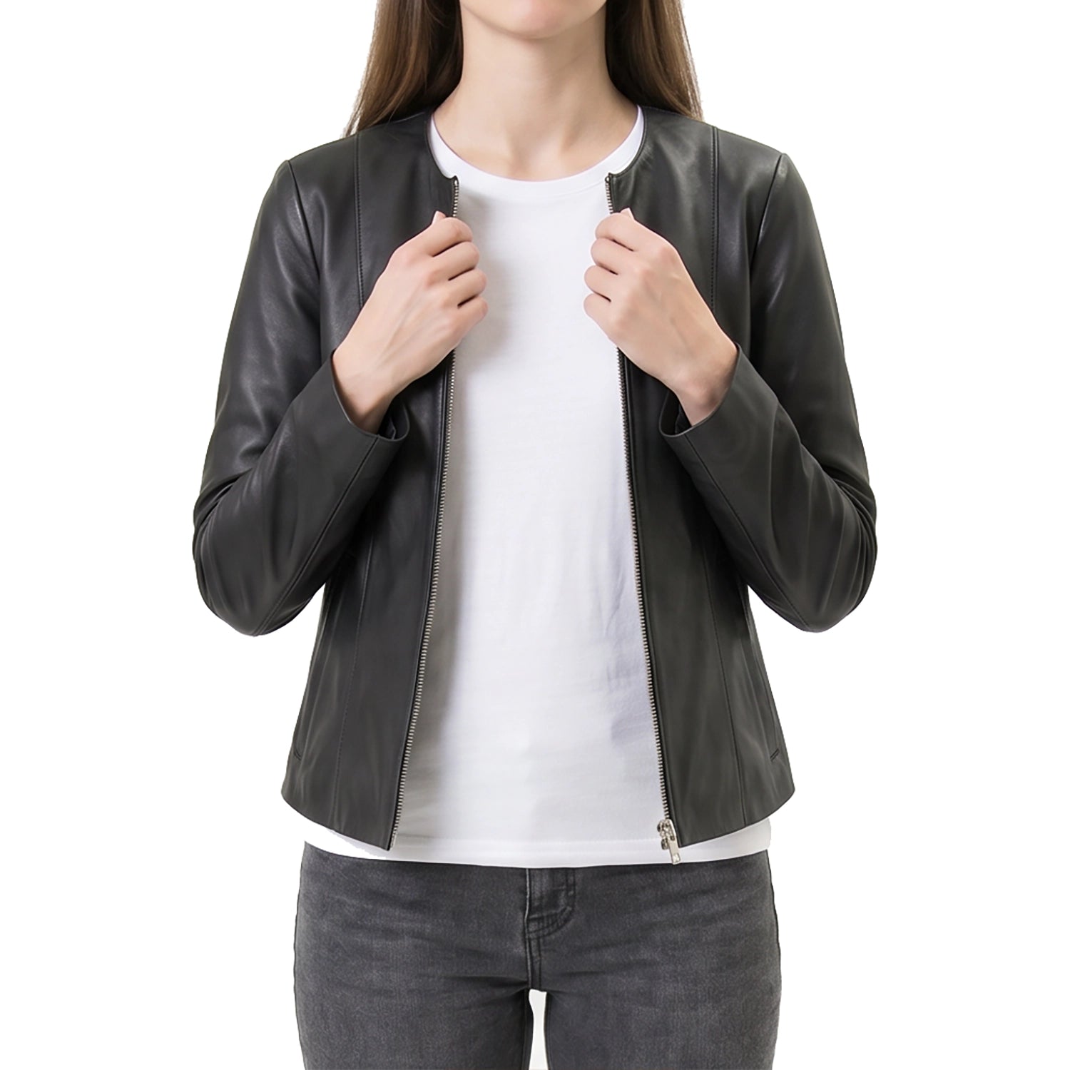 Women's Black Collarless Leather Jacket