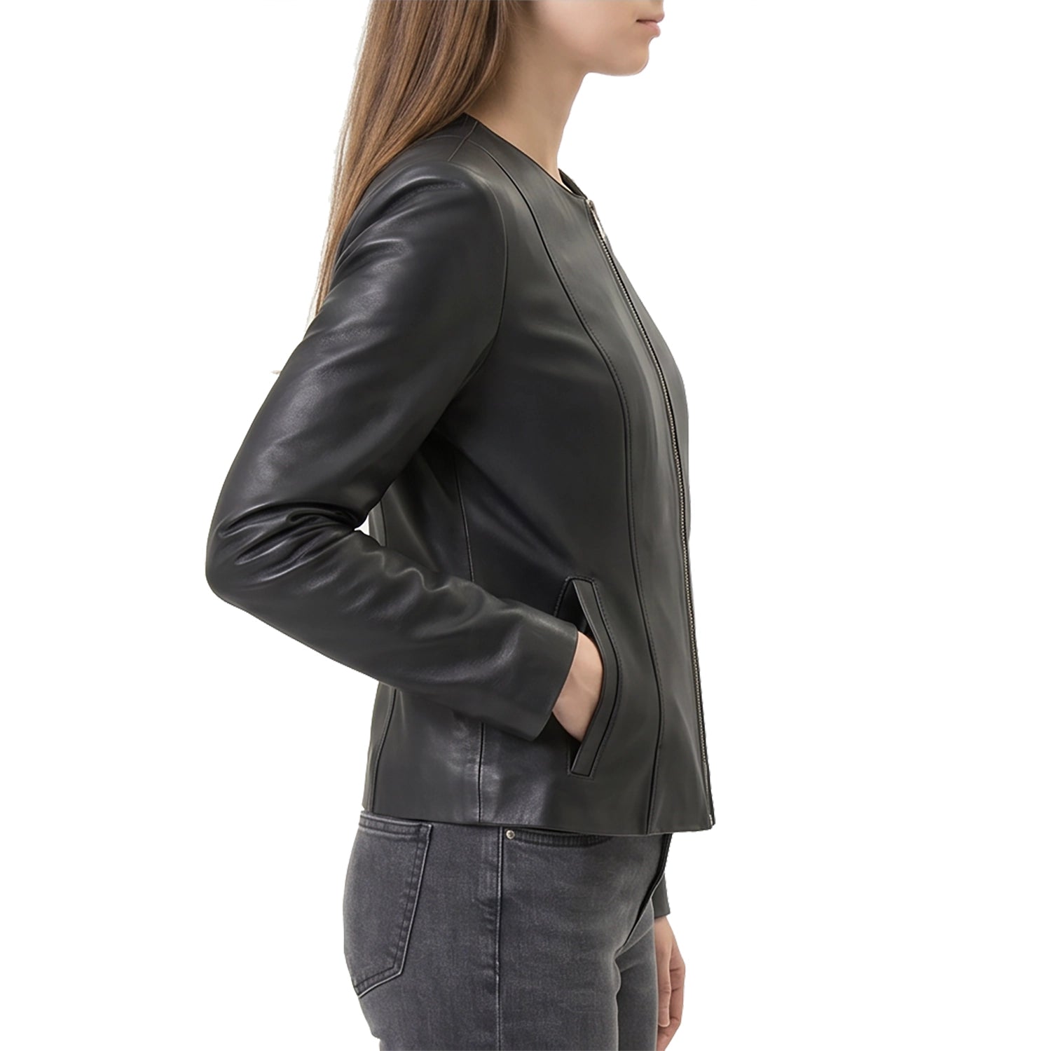 Women's Black Collarless Leather Jacket