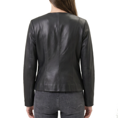 Women's Black Collarless Leather Jacket
