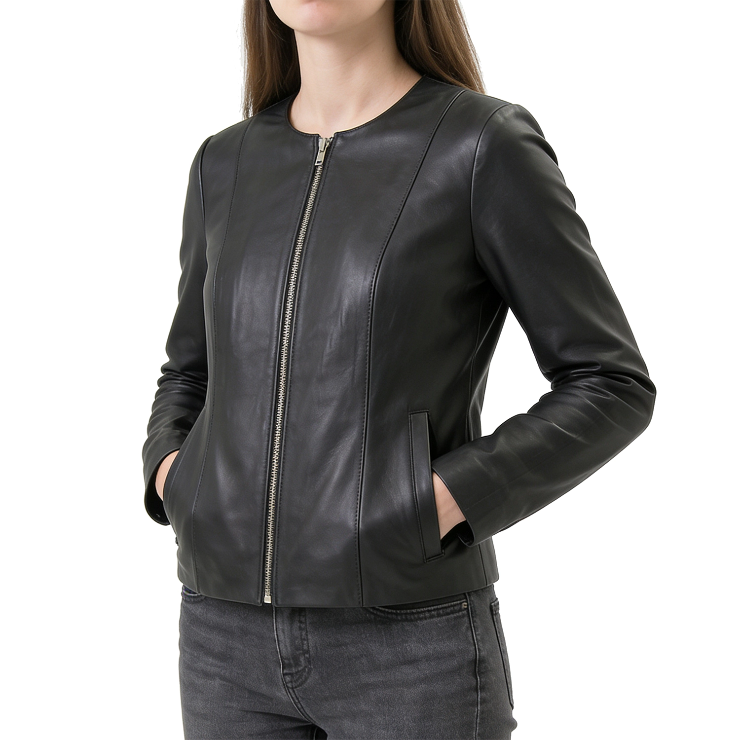 Women's Black Collarless Leather Jacket