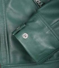 Women's Green Leather Biker Jacket Quilted Shoulder