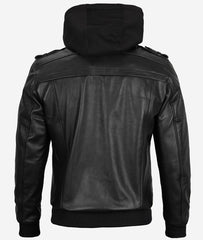 Men's Black Leather Bomber with a Fully Removable Hood