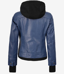 Women's Blue Leather Bomber Jacket with Hood