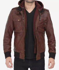 Men's Tall Dark Brown Leather Bomber Jacket with Detachable Hood