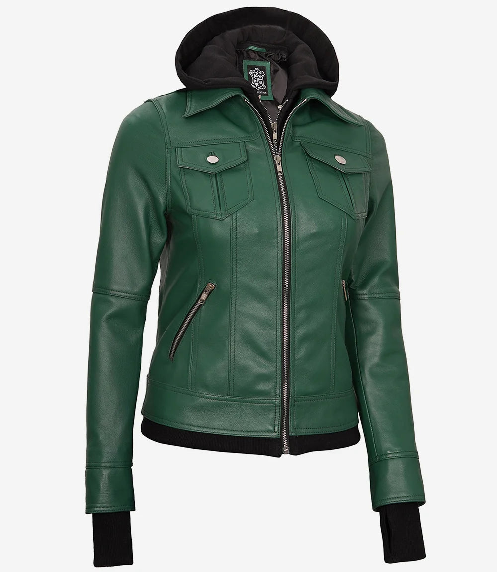 Essence Women Green Bomber Leather Jacket with Hood