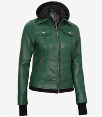 Women's Green Leather Bomber Jacket with Removable Hood