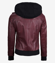Women's Maroon Leather Bomber Jacket with Hood