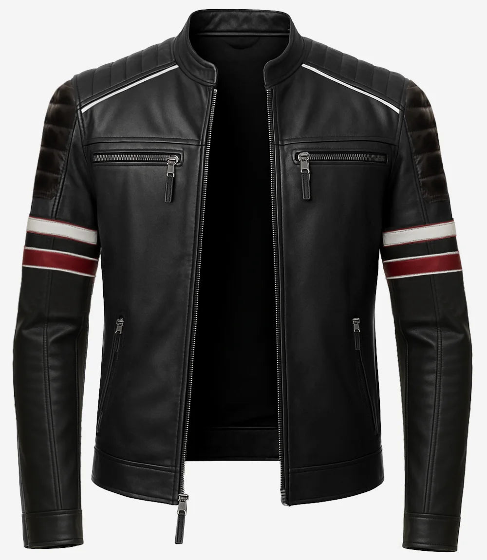 Black Speedster Leather Jacket - Classic Cafe Racer with Contrast Stripes