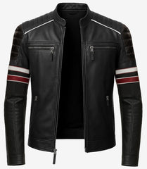 Black Speedster Leather Jacket - Classic Cafe Racer with Contrast Stripes