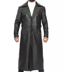 Men's Black Leather Full-Length Overcoat in Duster Style