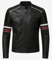 Black Speedster Leather Jacket - Classic Cafe Racer with Contrast Stripes
