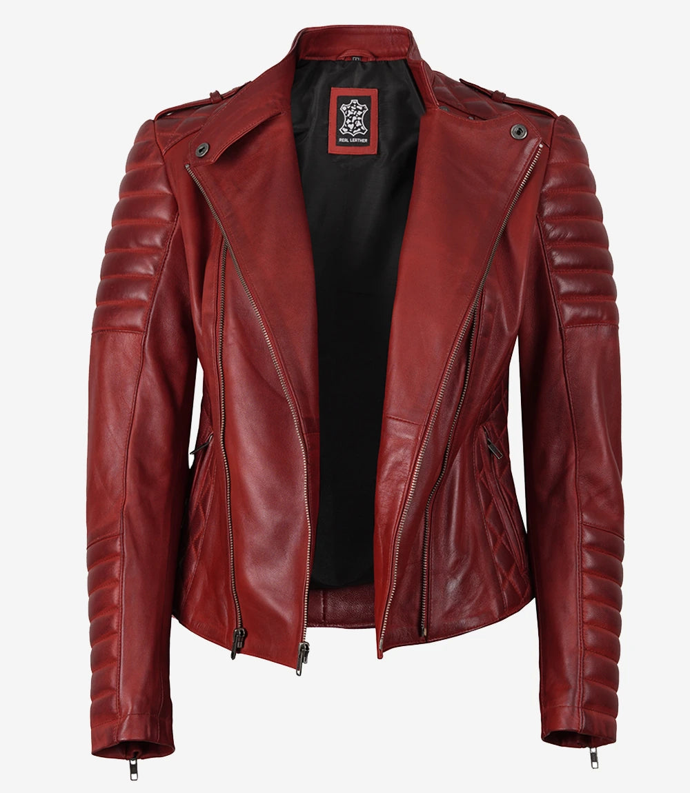 Red Garnet Glide Women's Chic Asymmetrical Leather Jacket