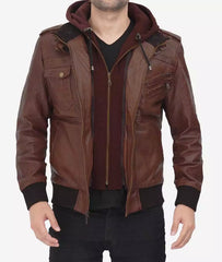 Men's Tall Dark Brown Leather Bomber Jacket with Detachable Hood