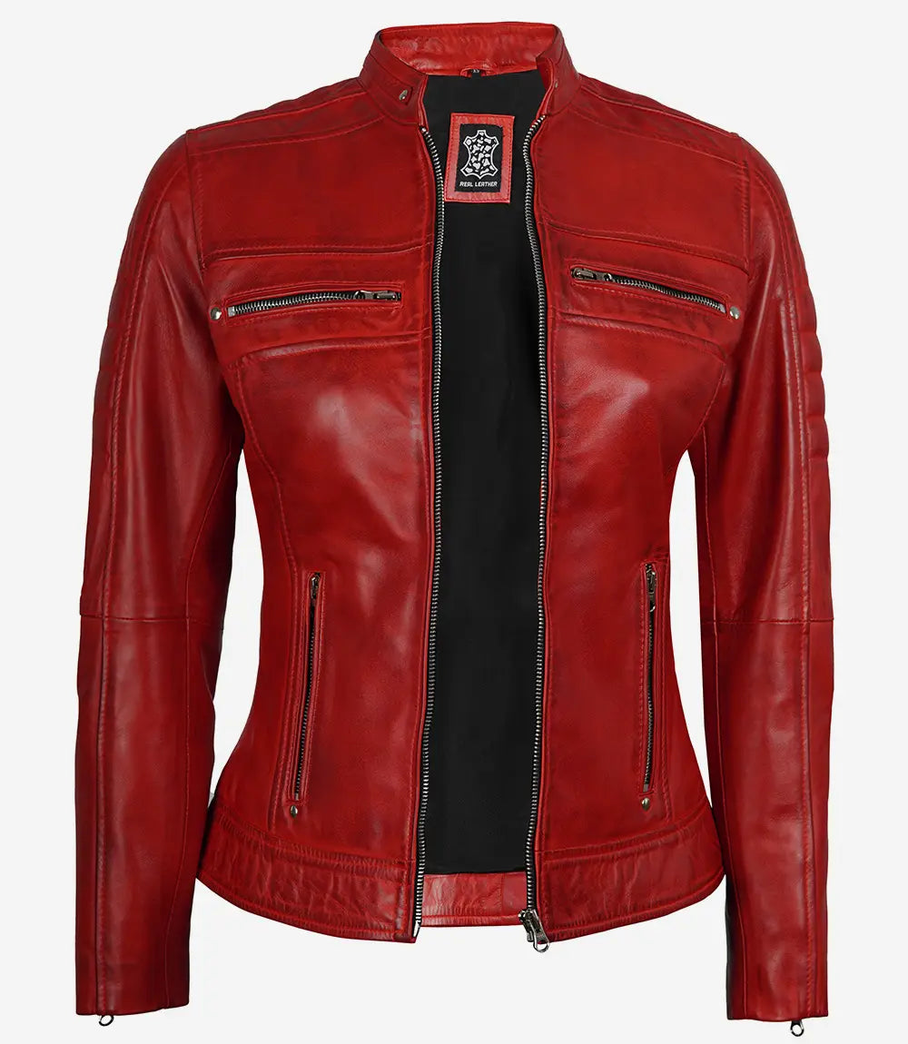 Women Cut Firefly Red Classic Racer Leather Jacket