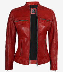 Women Cut Firefly Red Classic Racer Leather Jacket