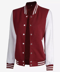 Women's Maroon Varsity Jacket with White Sleeves Baseball Style