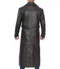 Men's Black Leather Full-Length Overcoat in Duster Style