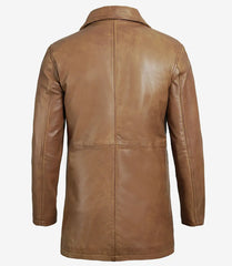 Men's Tall Camel Brown Leather Coat in 3/4 Length