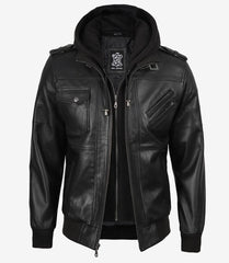 Men's Tall Black Leather Bomber Jacket with Detachable Hood