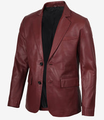 Men's Maroon Leather Blazer with Notch Lapel and Two Buttons