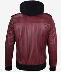 Men's Burgundy Real Leather Bomber Jacket with Detachable Hood