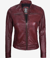 Women's Burgundy Real Leather Jacket Biker Style