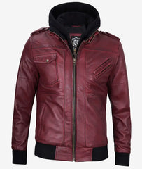 Men's Burgundy Real Leather Bomber Jacket with Detachable Hood